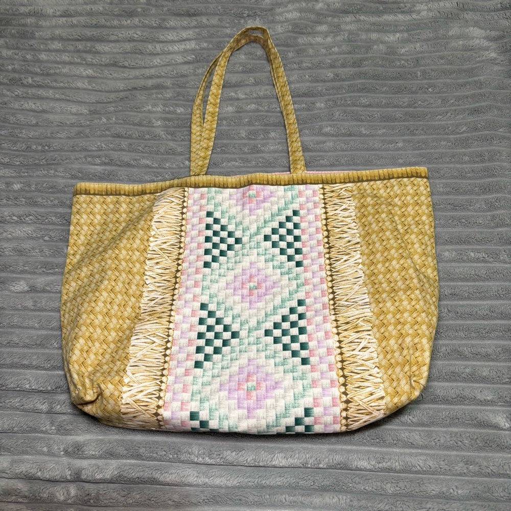Estee Lauder Tan STRAW-LOOK (cotton fabric) Beach Bag Large Tote